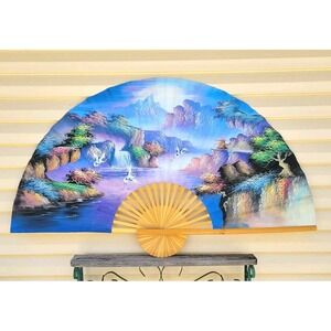 Vtg Chinese Bamboo Hand Painted Canvas Scenic Folding Wall Hang Fan 70s Cottage